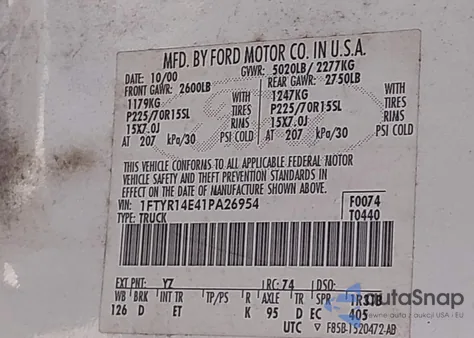 2001 Ford Ranger Edge/Xlt z USA, uszkodzony, nr VIN 1FTYR14E41PA26954